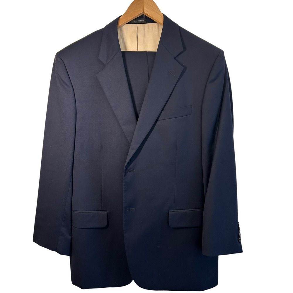 Bachrach 2 Piece Suit Mens Navy 3 Button 100% Wool Pants READ DESCRIPTION